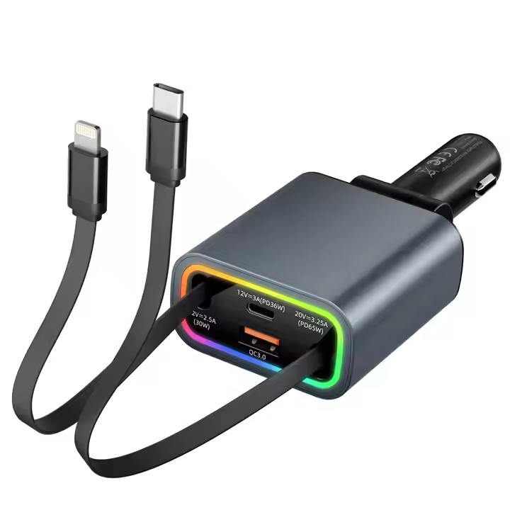 C46 4-in-1 Retractable Car Charger with RGB LED Lights 112W Fast Charging